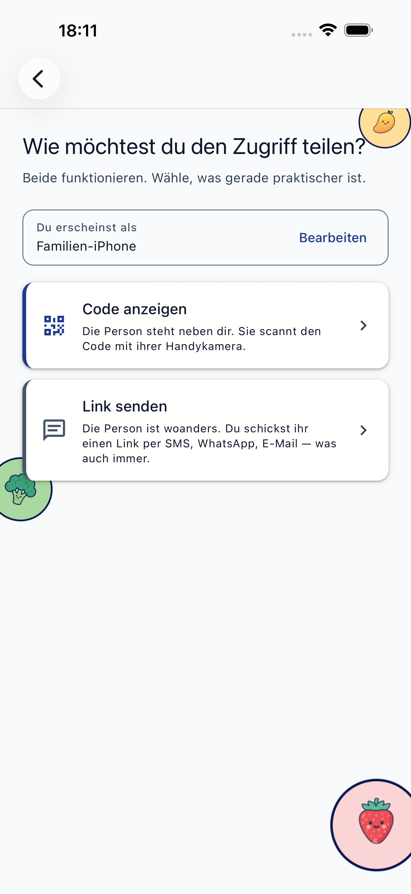 Einladungsbildschirm für Betreuungspersonen mit QR-Code und Link-Option