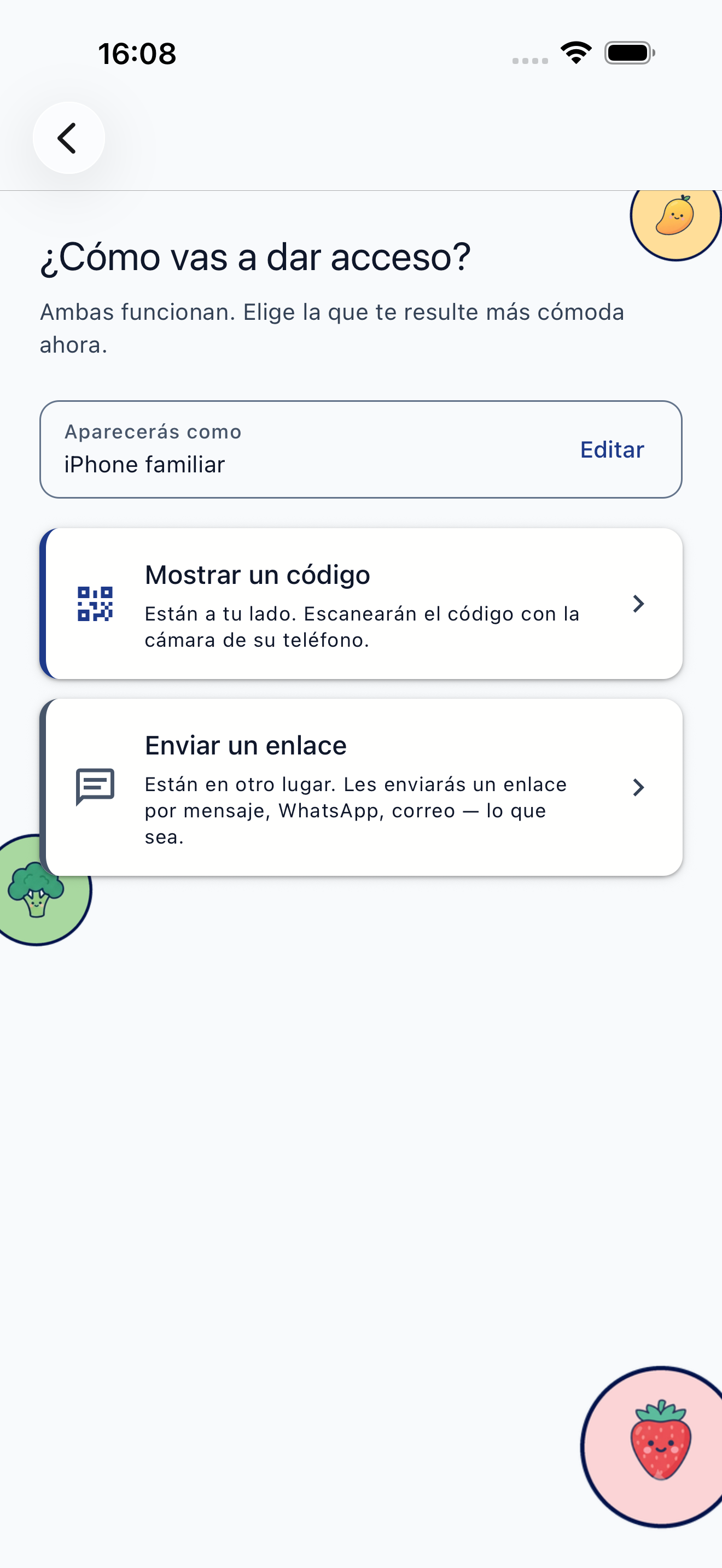Pantalla de invitación para cuidadores con código QR y opción de enviar enlace