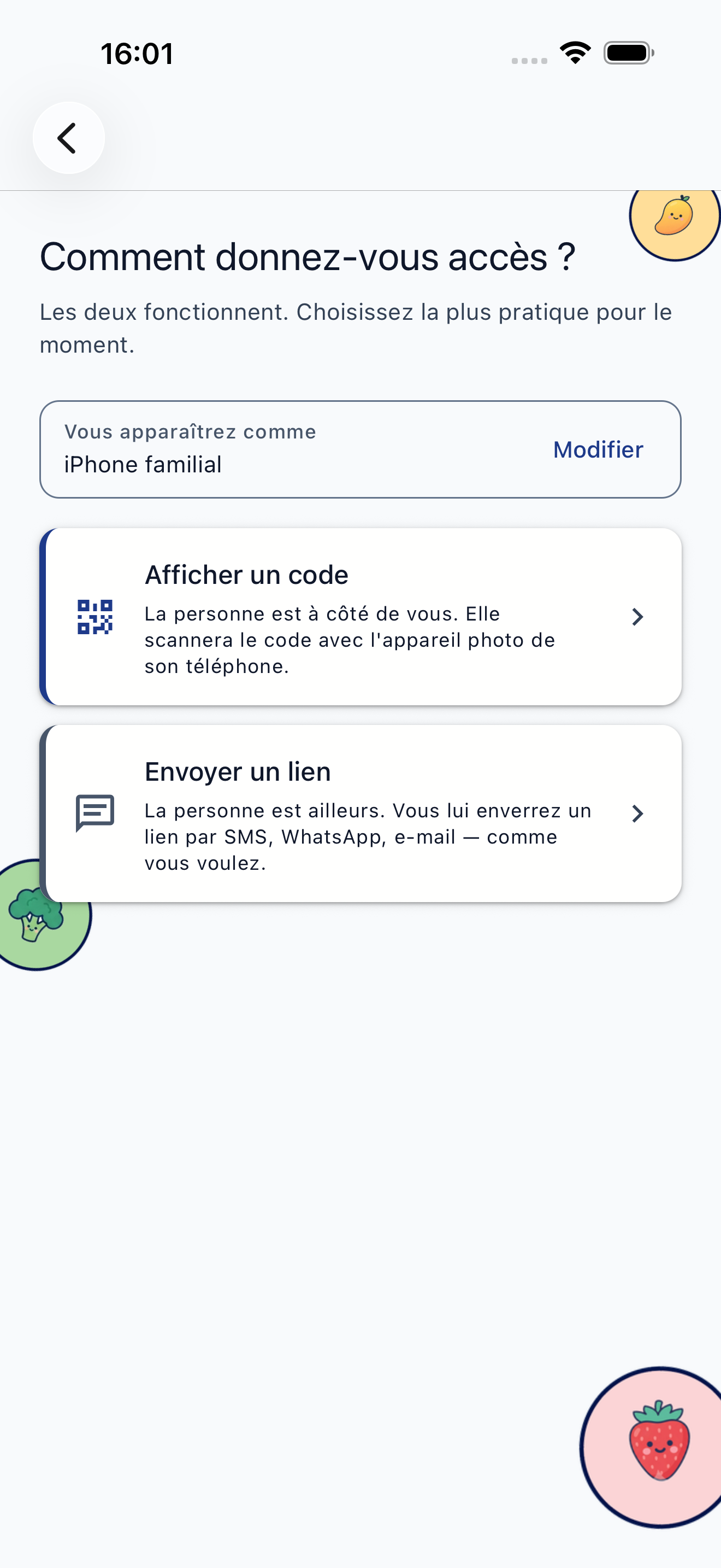 Écran d'invitation pour aidants avec code QR et option d'envoi de lien