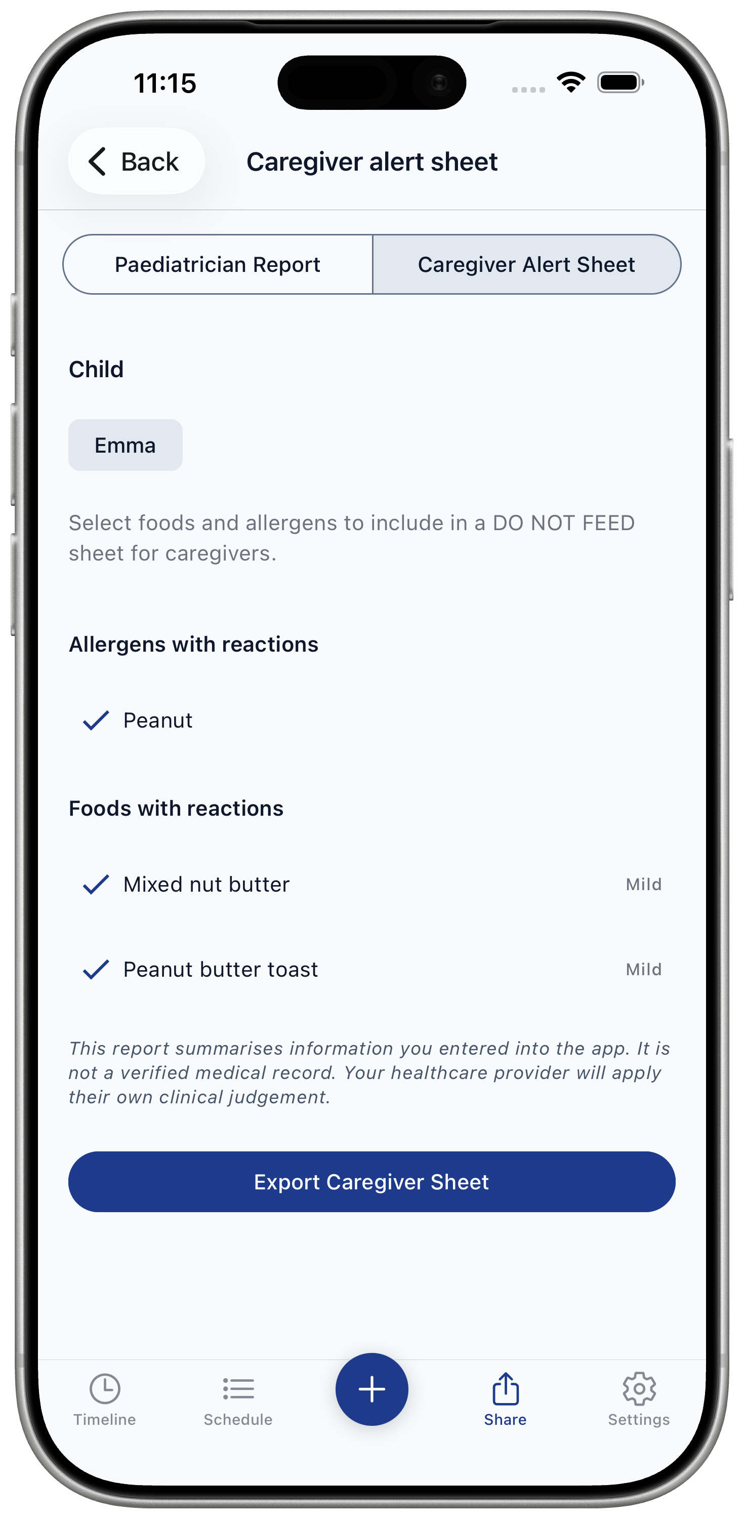 Caregiver alert sheet screen showing selected allergens and foods with reactions