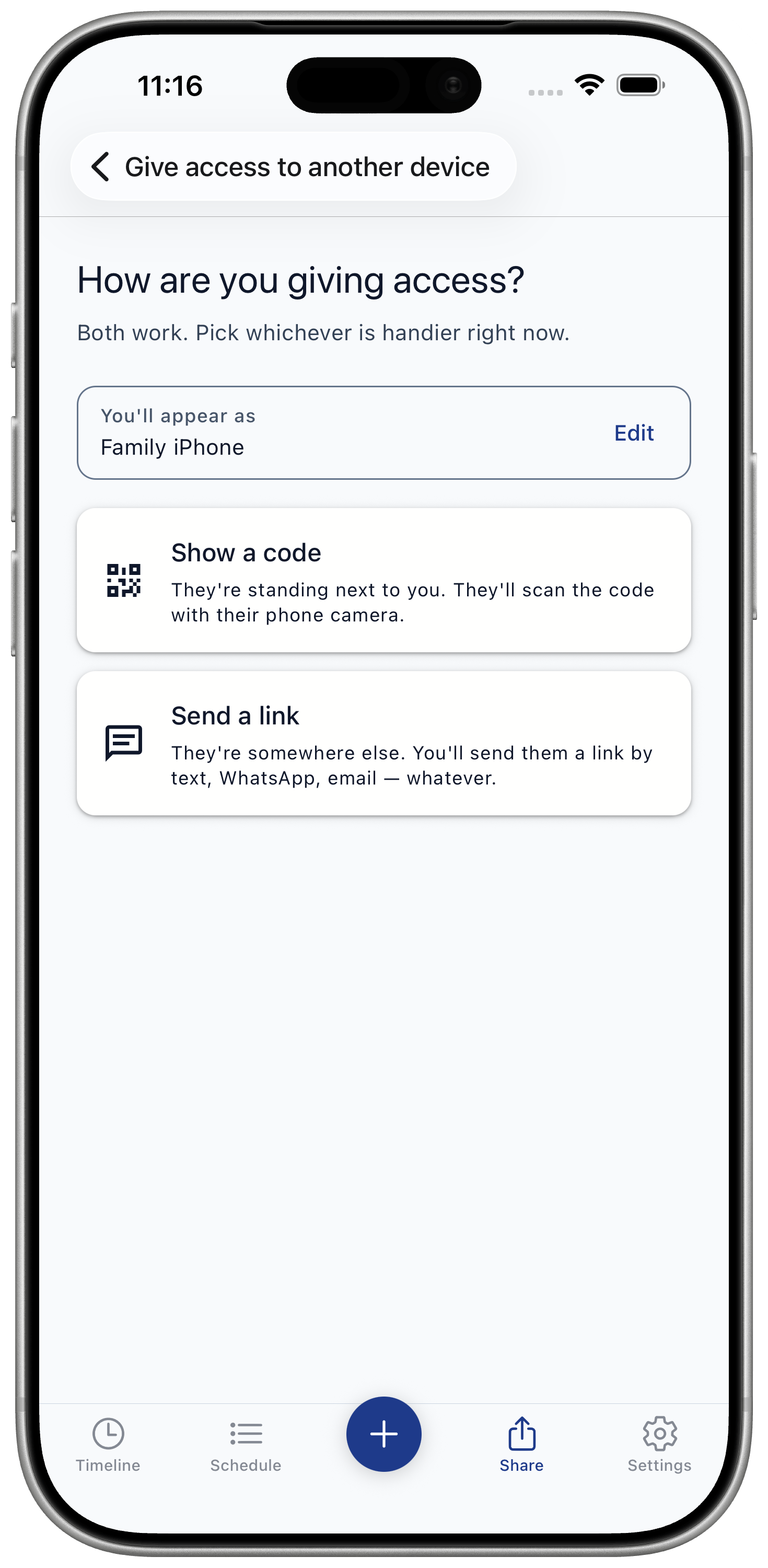 Caregiver sharing screen showing Show a code and Send a link options