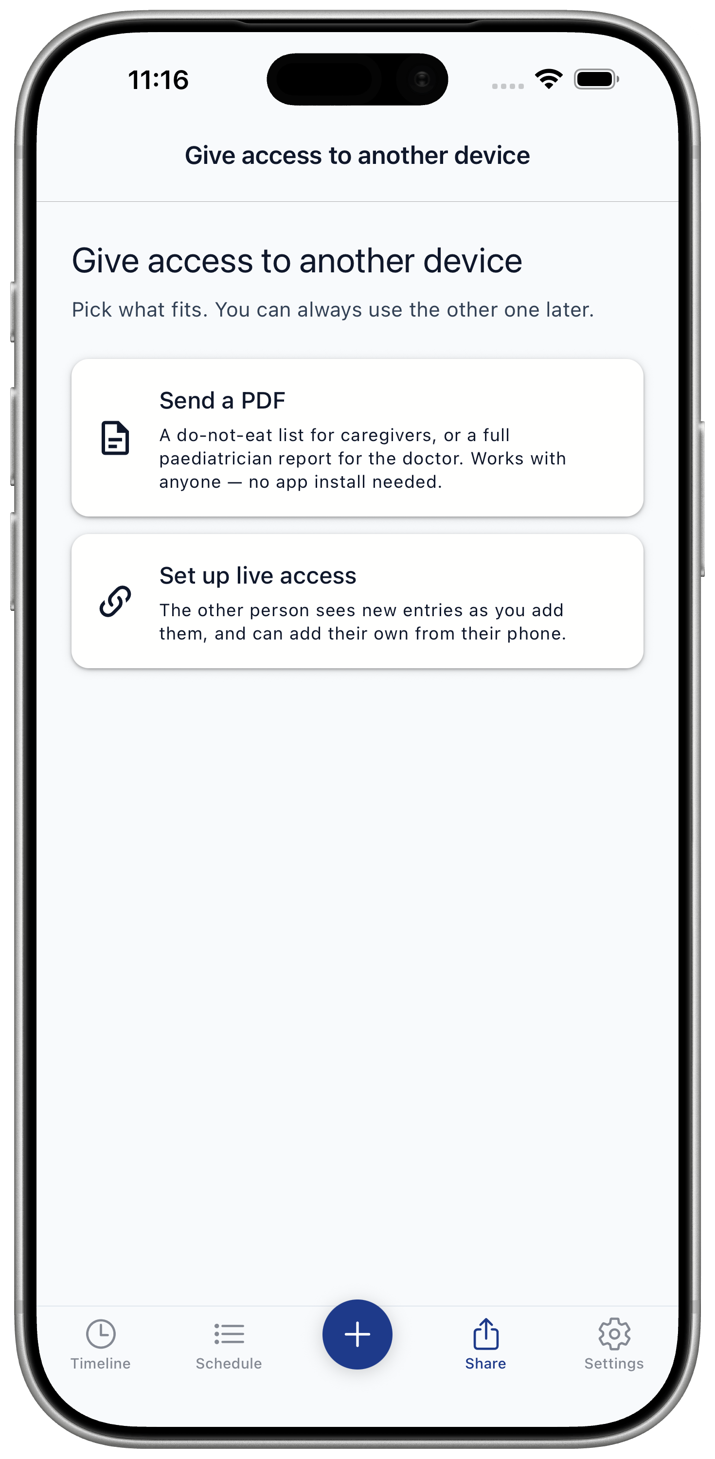 Give access screen showing Send a PDF and Set up live access options