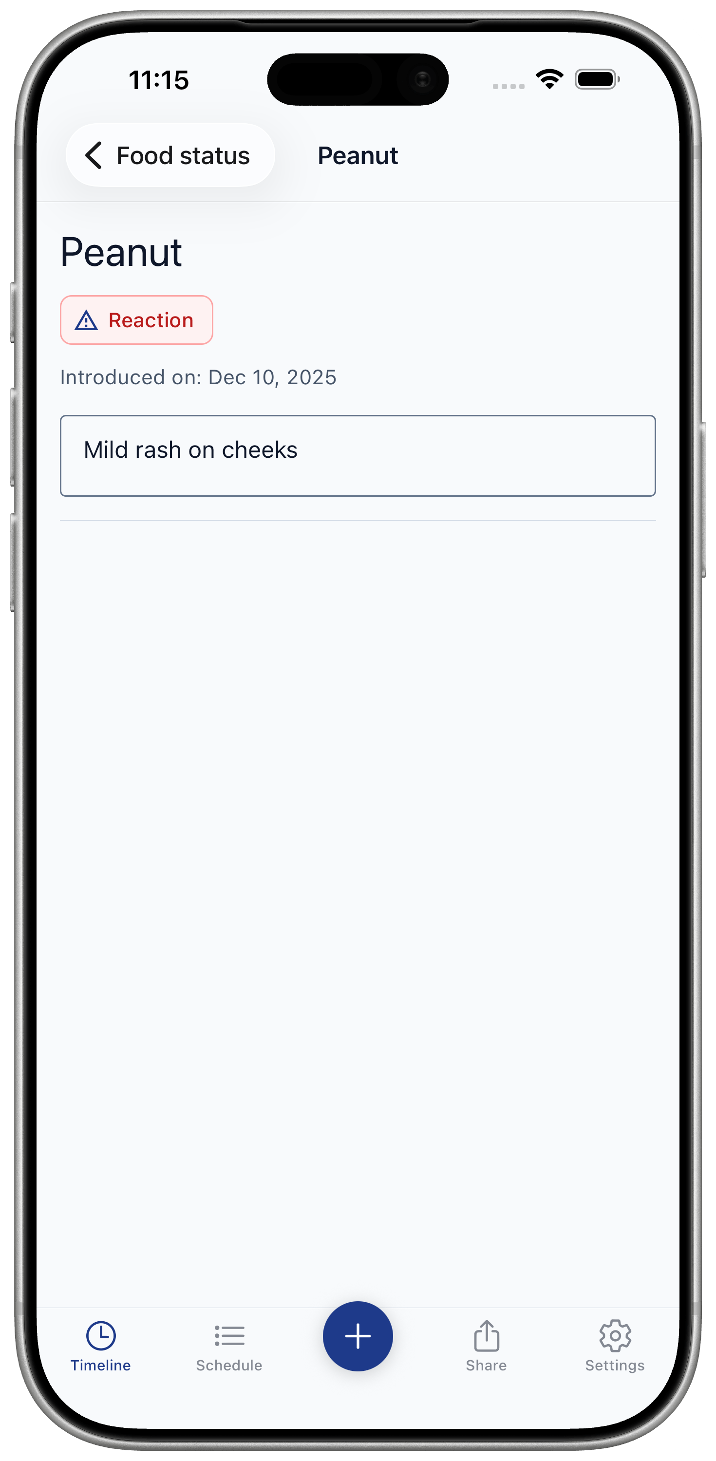 Food or allergen detail screen opened from a Food Status row