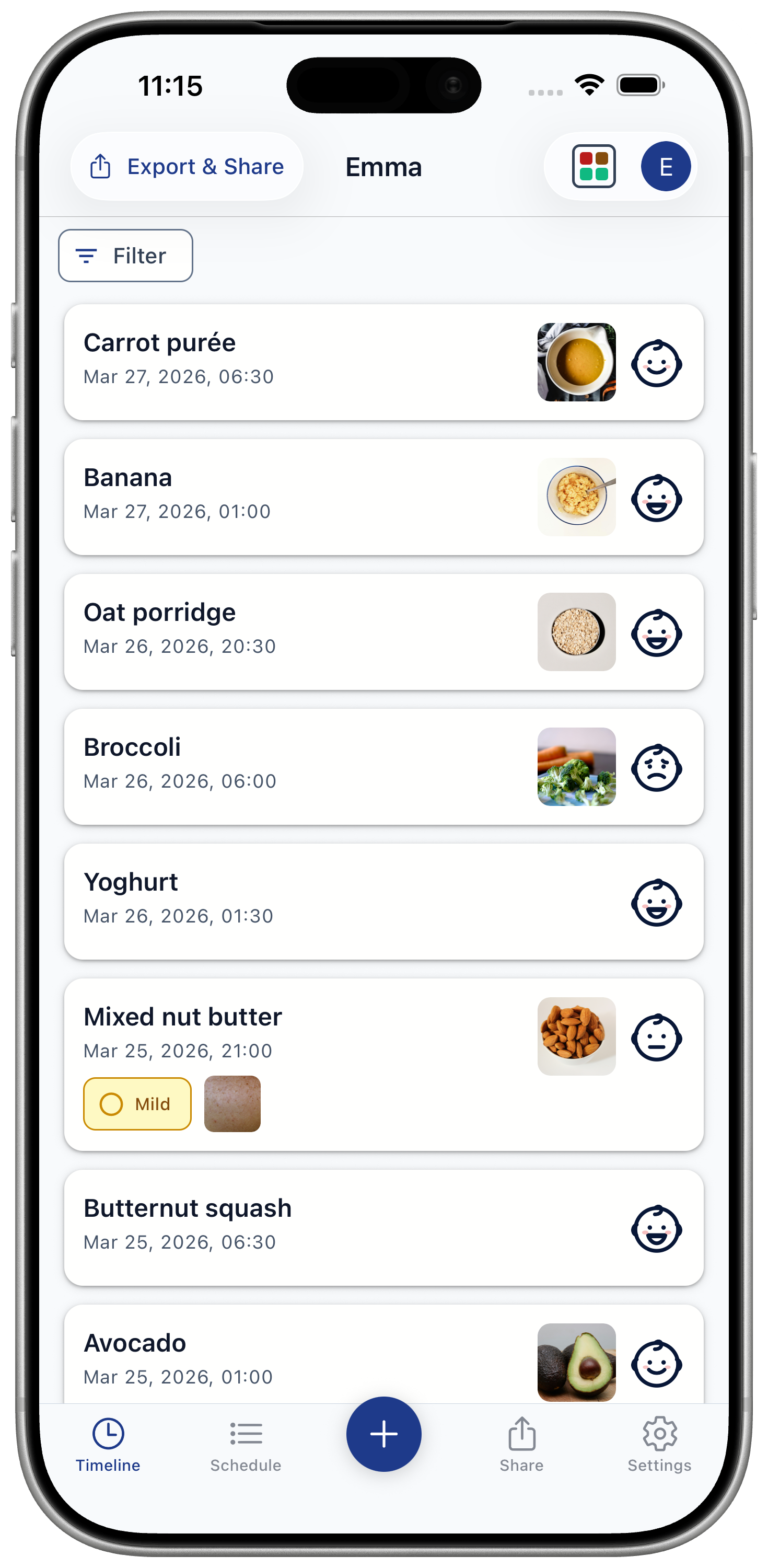 Timeline screen showing the Food Status header icon with status-colored tiles