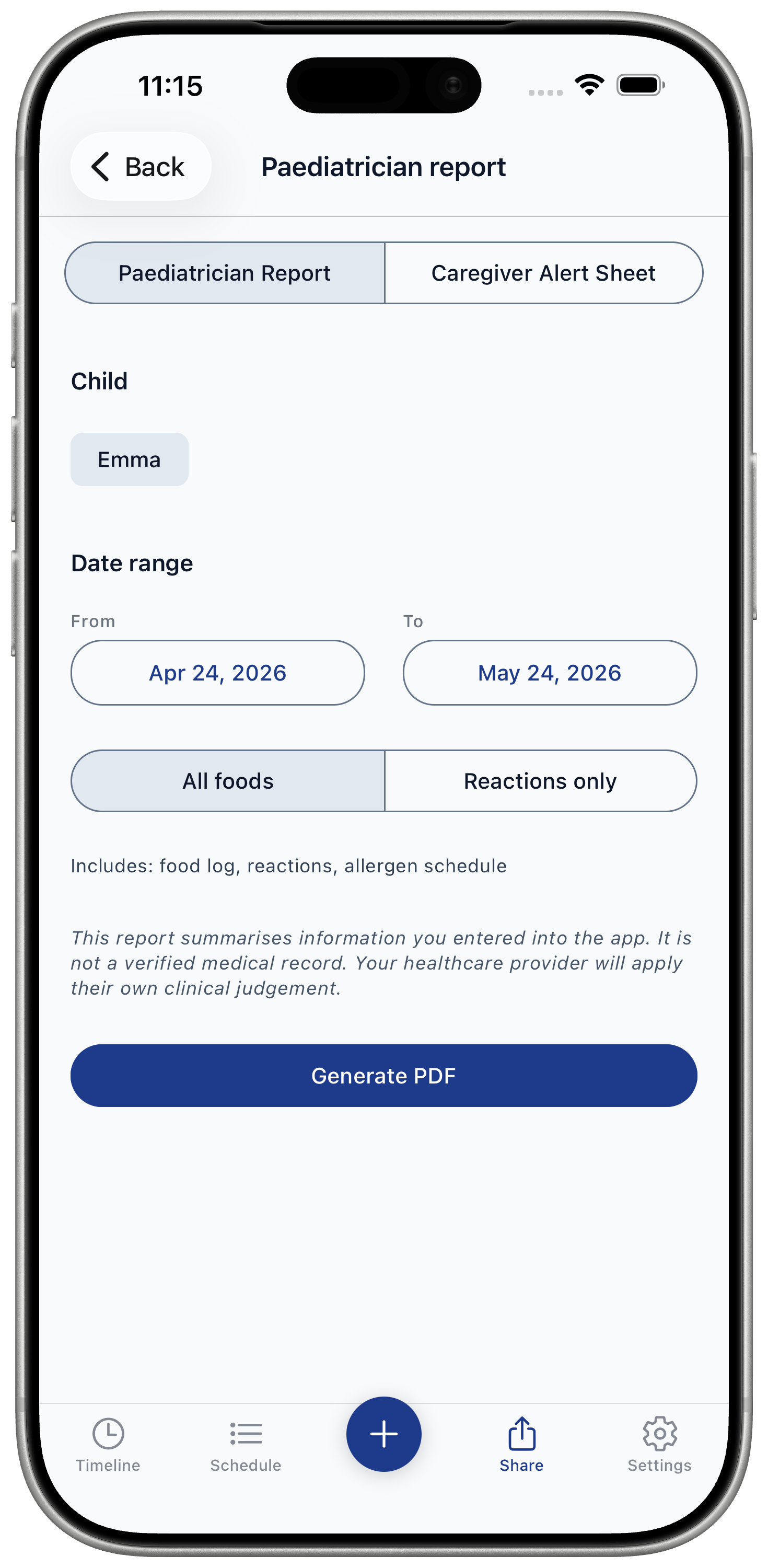 Paediatrician report screen showing child, date range, food filter, and Generate PDF button
