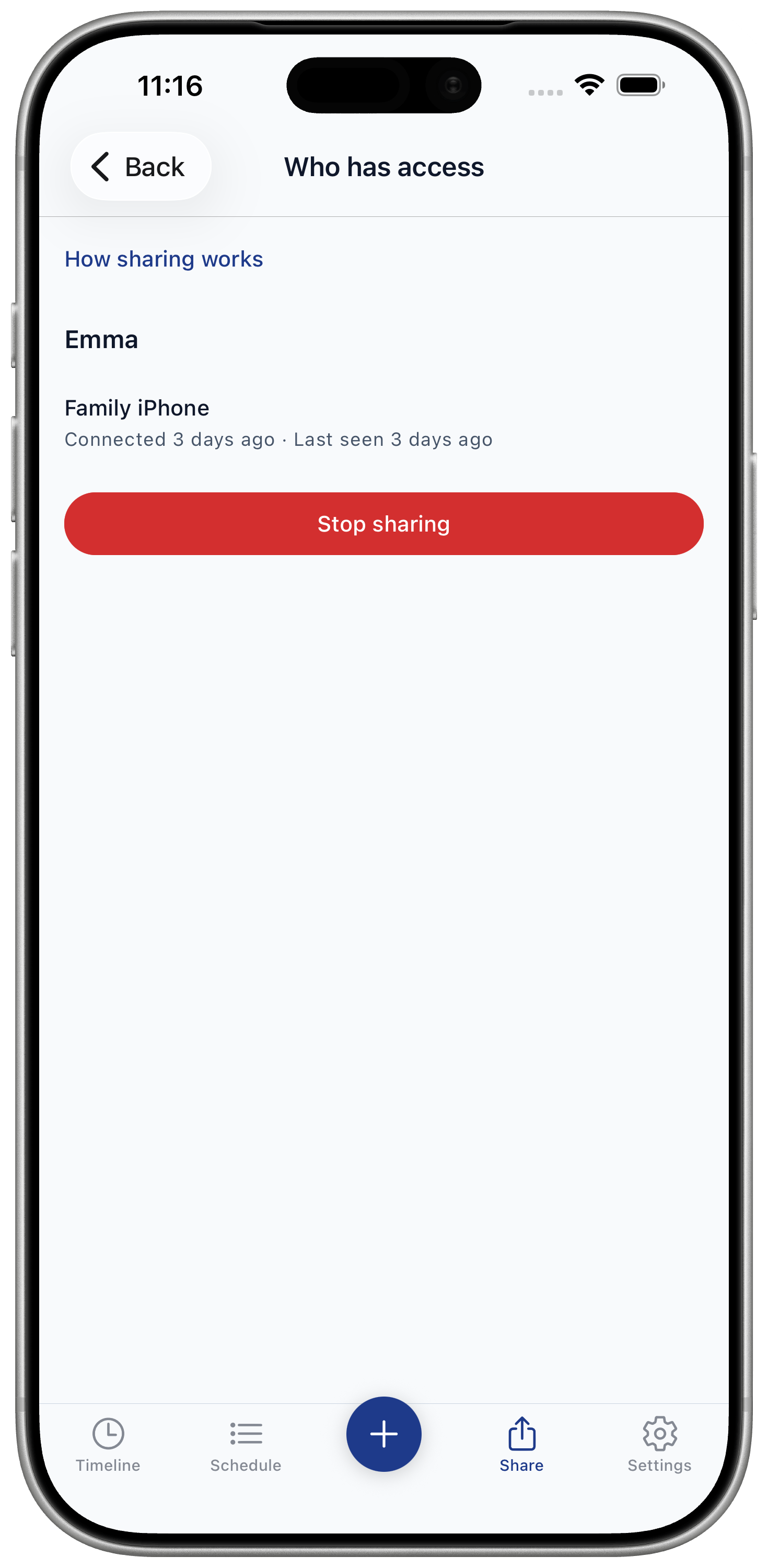 Who has access screen showing a connected caregiver device and Stop sharing button