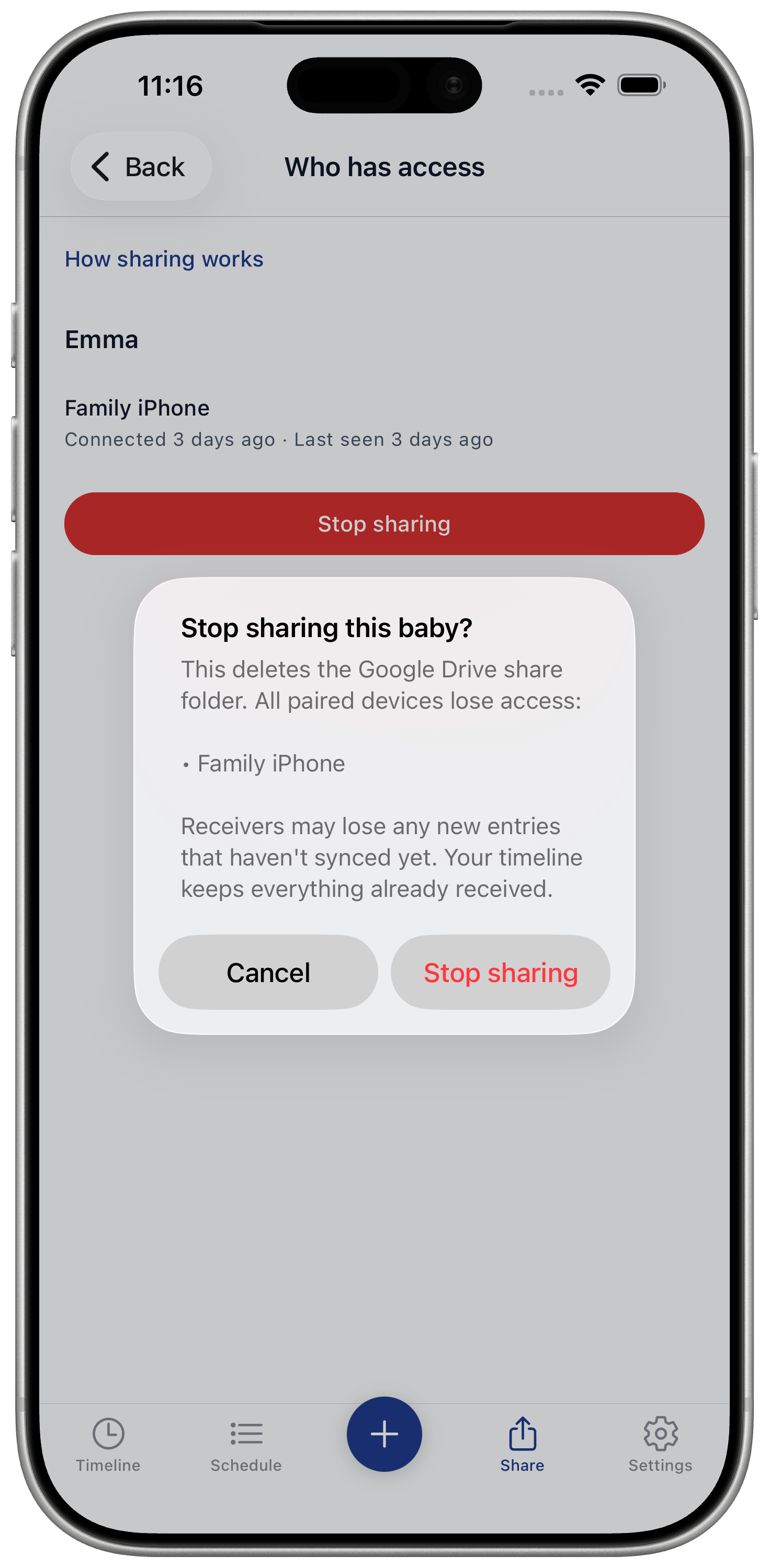 Stop sharing confirmation dialog explaining paired devices lose access
