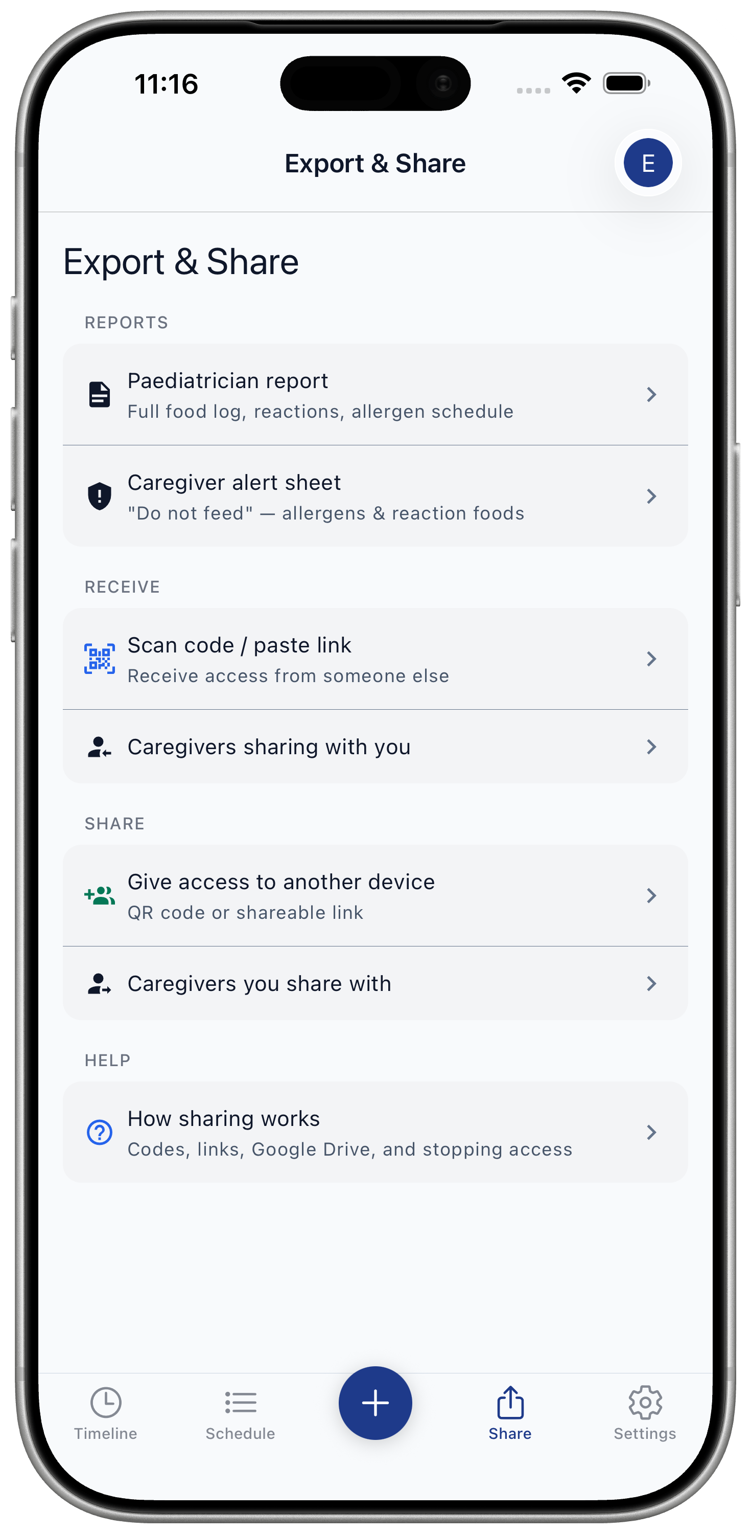 Export and Share screen showing caregiver sharing options after stopping access