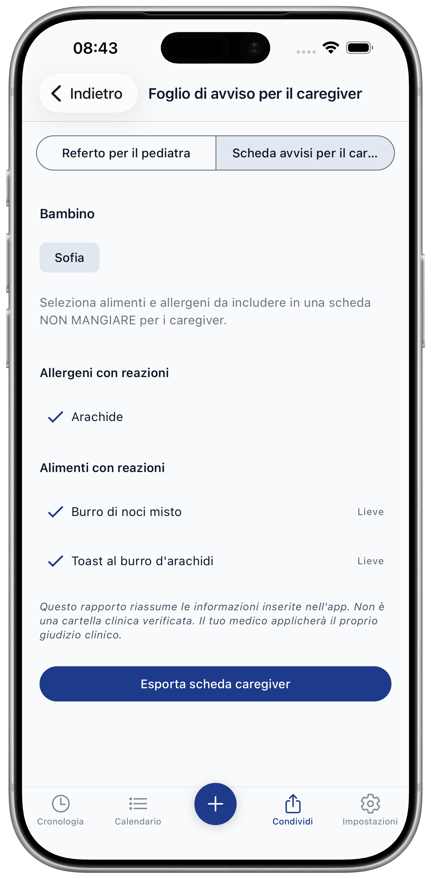 Caregiver alert sheet screen
