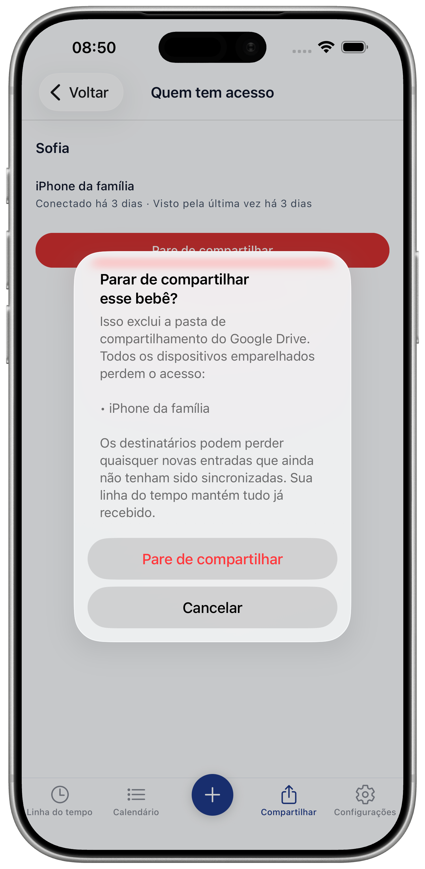 Stop sharing confirmation screen