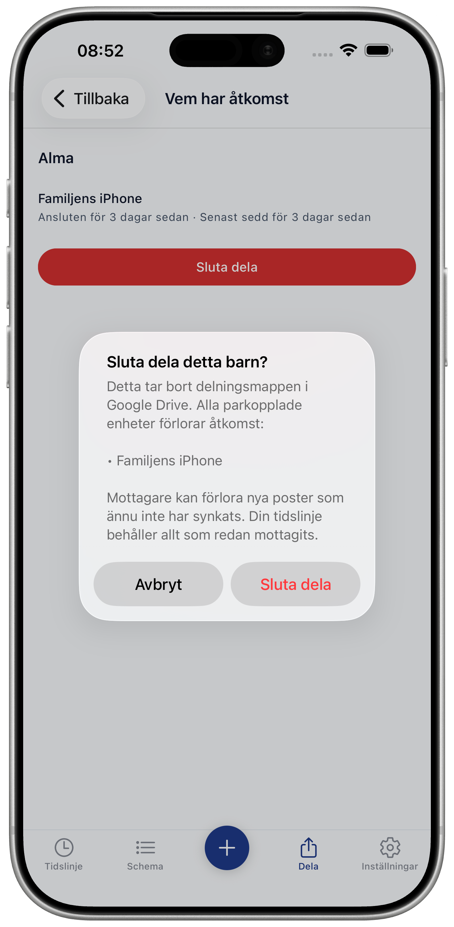 Stop sharing confirmation screen