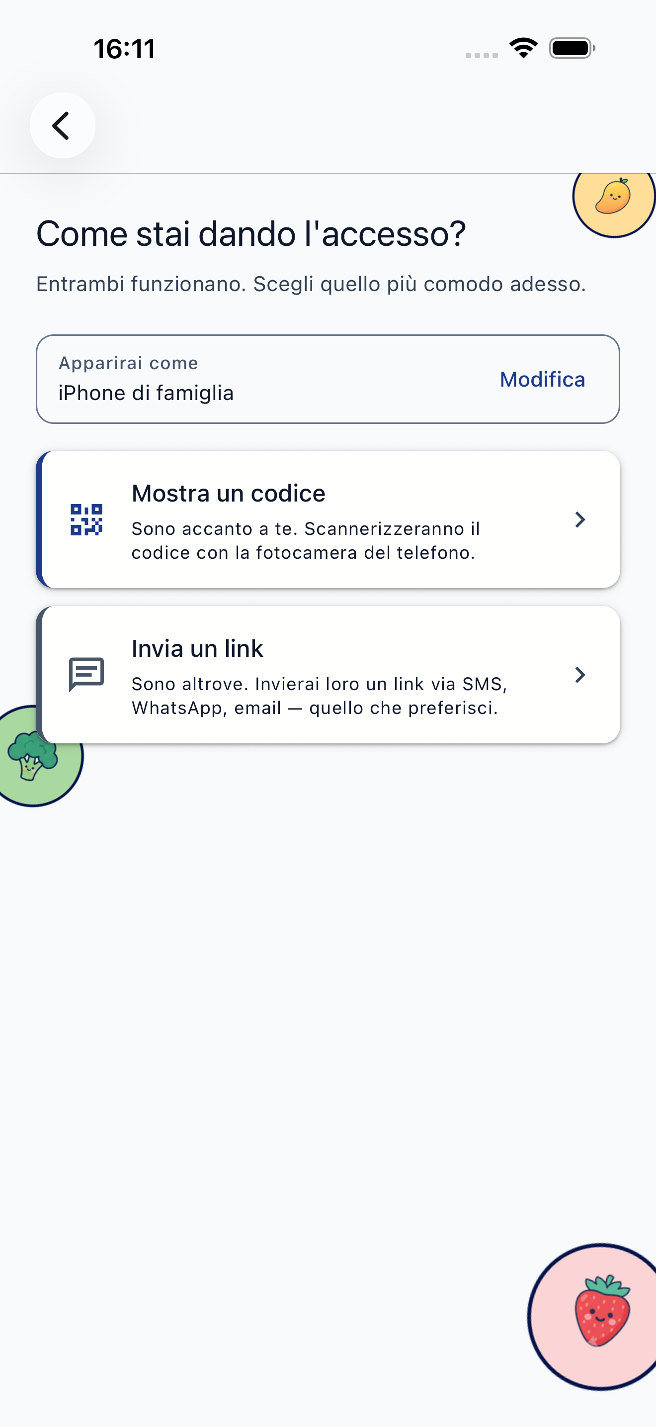 Schermata di invito per assistenti con codice QR e opzione di invio link
