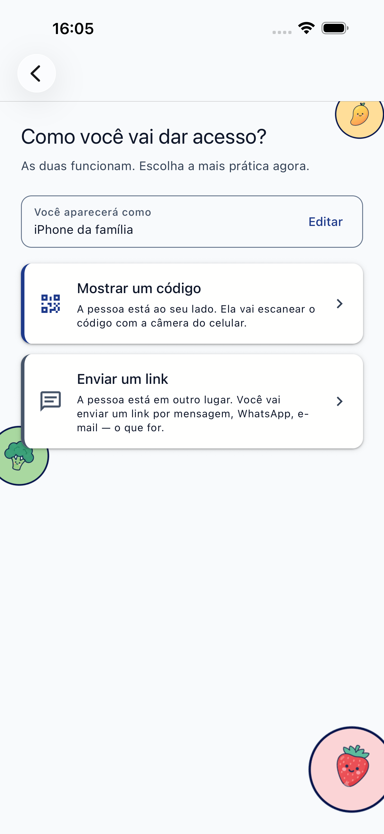 Tela de convite para cuidadores com código QR e opção de enviar link