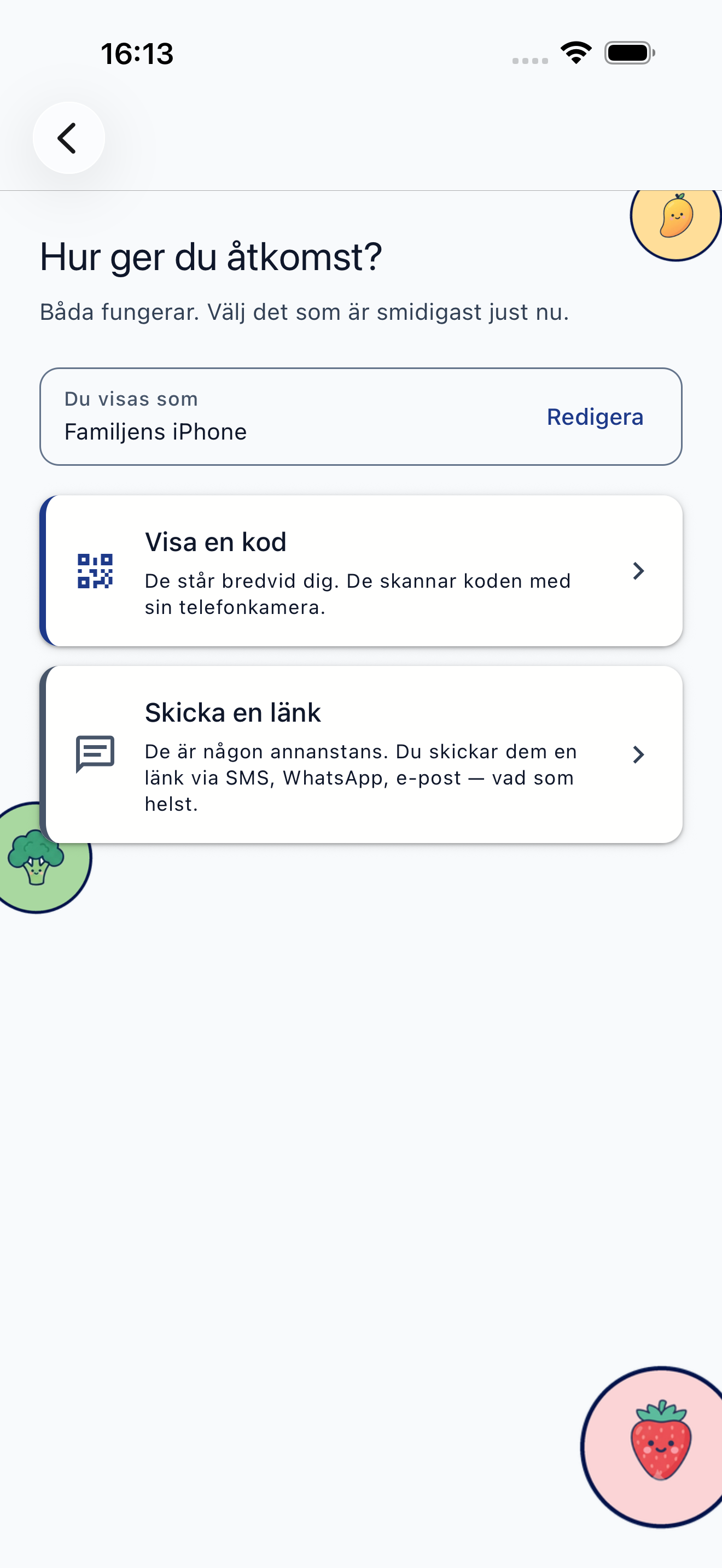 Inbjudningsskärm för vårdgivare med QR-kod och länkalternativ